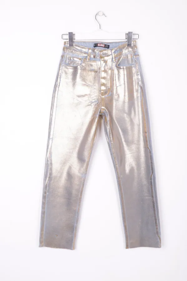 Fringe Ending High Waisted Mom Fit Jean  764-47-(26-31) Foiled Gold