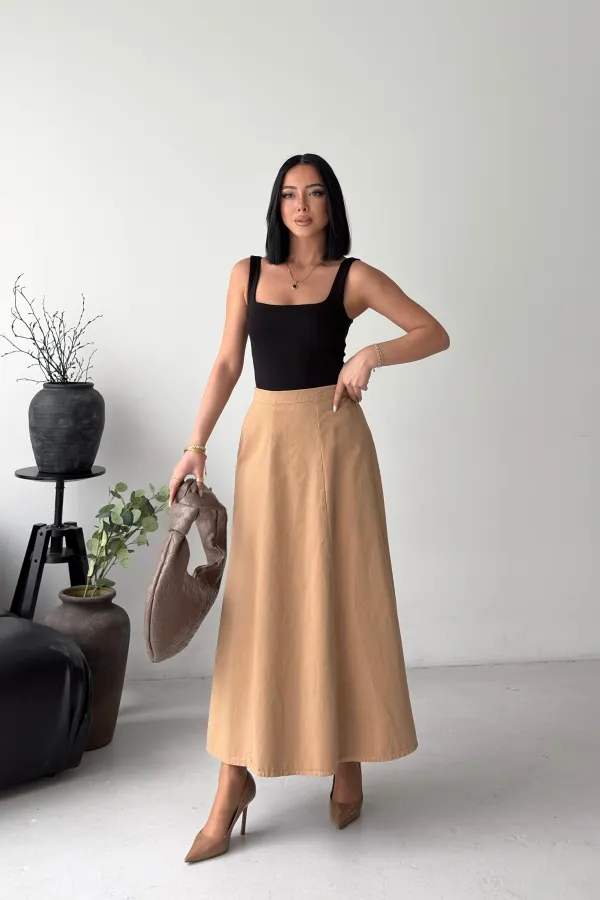 Ruffled Long Skirt with Elasticated Waist  1063-70-(36-44) Camel