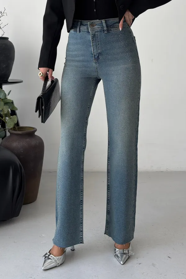 Relaxed Trousers with Stone Embellished Decorative Pockets 7213-62-(27-32) Middle Blue - Tinted