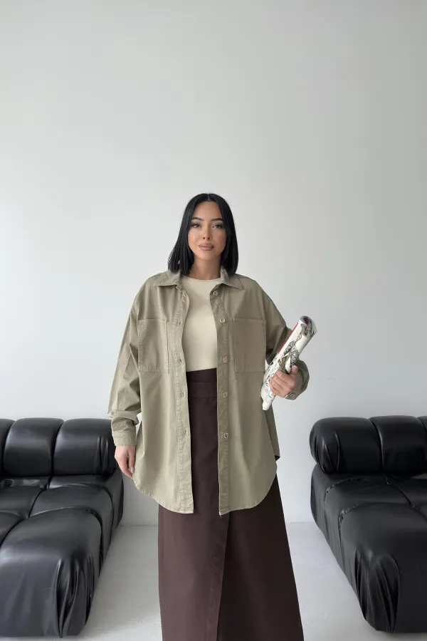 Oversize Denim Jacket with Buttons  6080-74-(S-L-3) Green