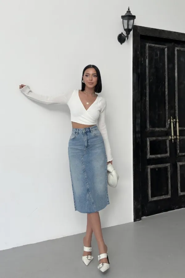 Mid Length Denim Skirt with Triangle Detail  1041-15-(XS-XL) Light Blue Denim