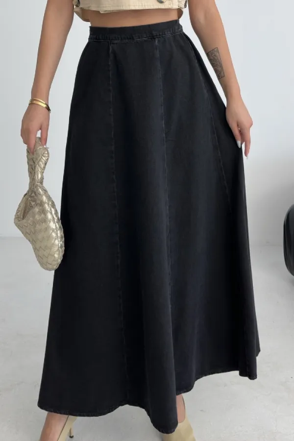 Ruffled Long Skirt with Elasticated Waist 1063-23-(36-44) Regular Anthracite