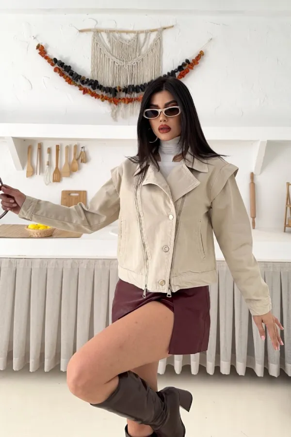 Zipper Detail Denim Jacket 6141-65-(S-L-3) Stone