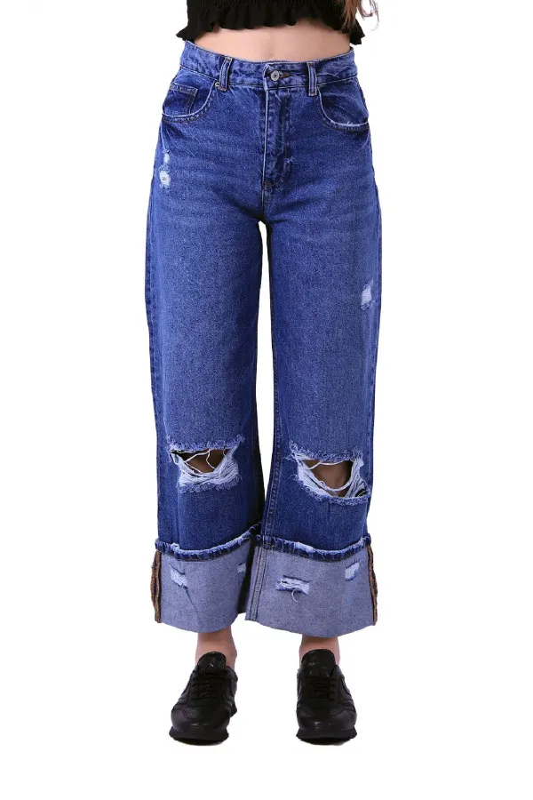Lazer Detaylı Bol Paça Kot Pantolon  1700-01-(27-32)