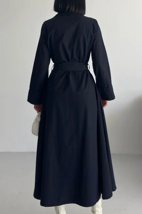 Düğmeli Uzun Boy Kot Elbise 3047-73-(S-XL)