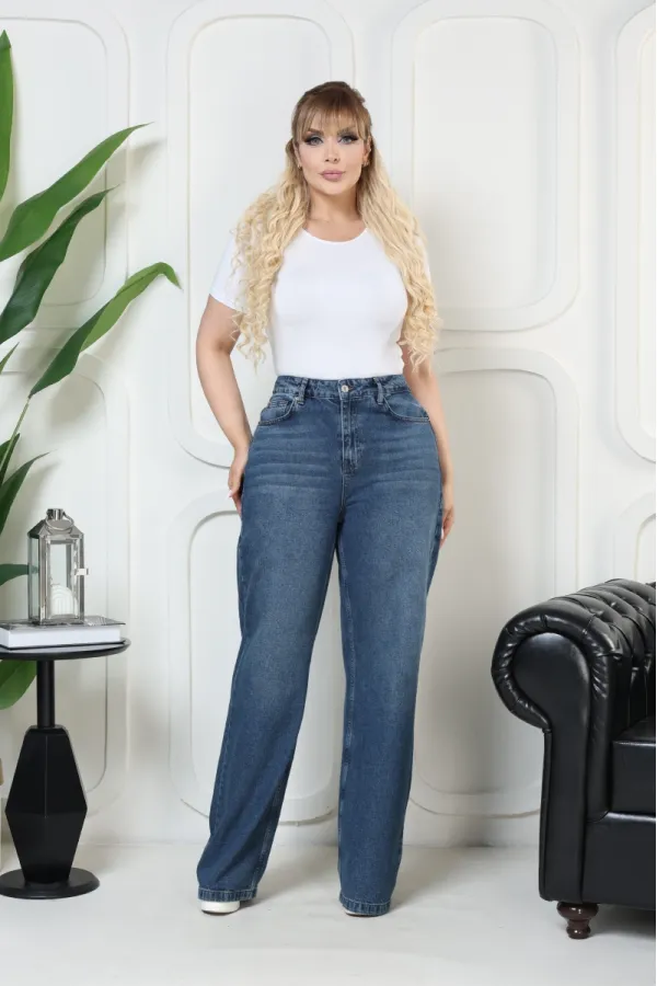 Wide Leg High Waisted Relaxed Jean  718-01-(32-36) Dark Blue Denim