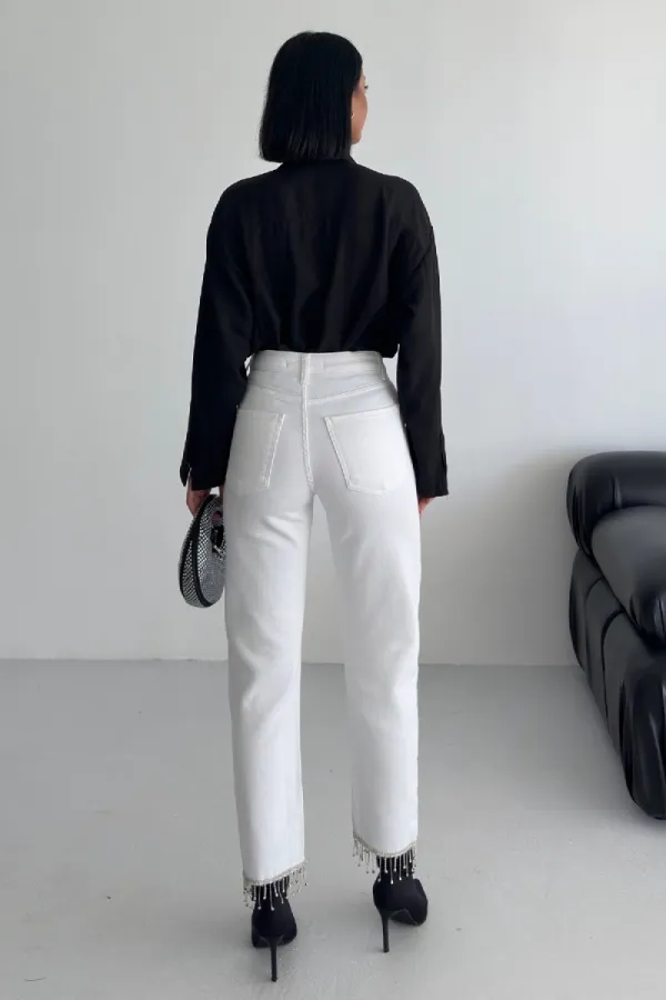 Fringe Ending High Rise Mom Fit Jean with Rhinestones on Legs 1890-50-(26-31) White