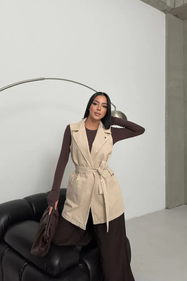 Belted and Cross Over Collar Denim Vest 6137-65-(S-XL) Stone