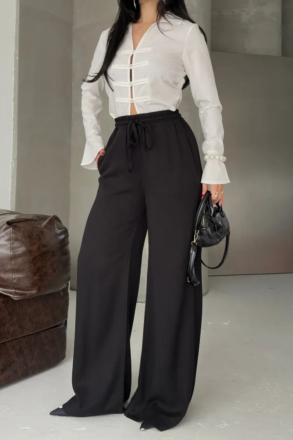 Elasticated Palazzo Trousers 7150-07-(36-42-4) Black
