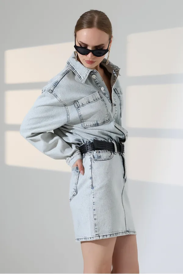 Buttoned Mini Denim Dress 3027-08-(S-L-3) Snow Light Blue
