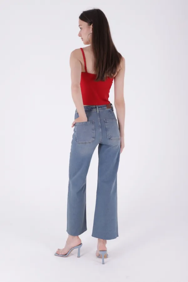 Wide Leg Palazzo Relaxed Jean with Decorative Front Pockets 1710-62-(27-32) Middle Blue - Tinted