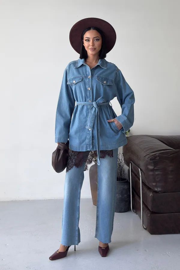 Belted Oversize Shirt 6250-15-(S-L-3) Light Blue Denim