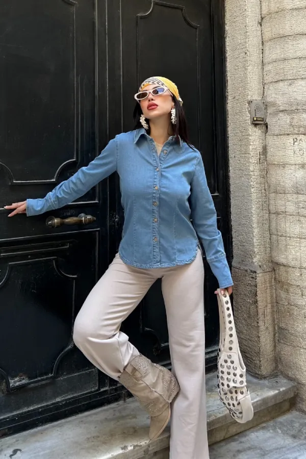 Kol Manşet Detaylı Kot Gömlek 6150-27-(S-XL) Kol Manşet Detaylı Kot Gömlek 6150-27-(S-XL)