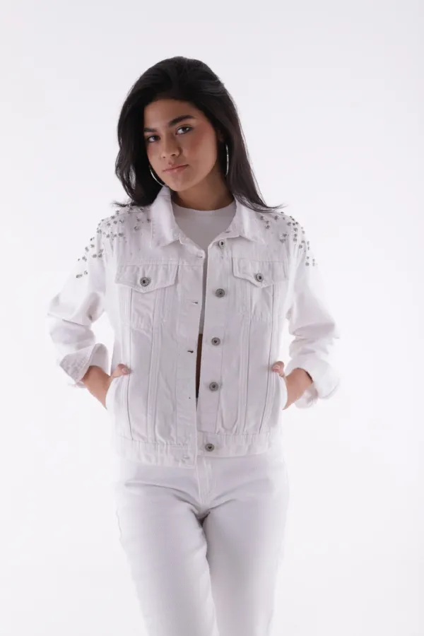 Classic Short Denim Jacket with Decorative Pieces on Shoulders 6076-50-(S-XL-6) White Classic Short Denim Jacket with Decorative Pieces on Shoulders 6076-50-(S-XL-6) White