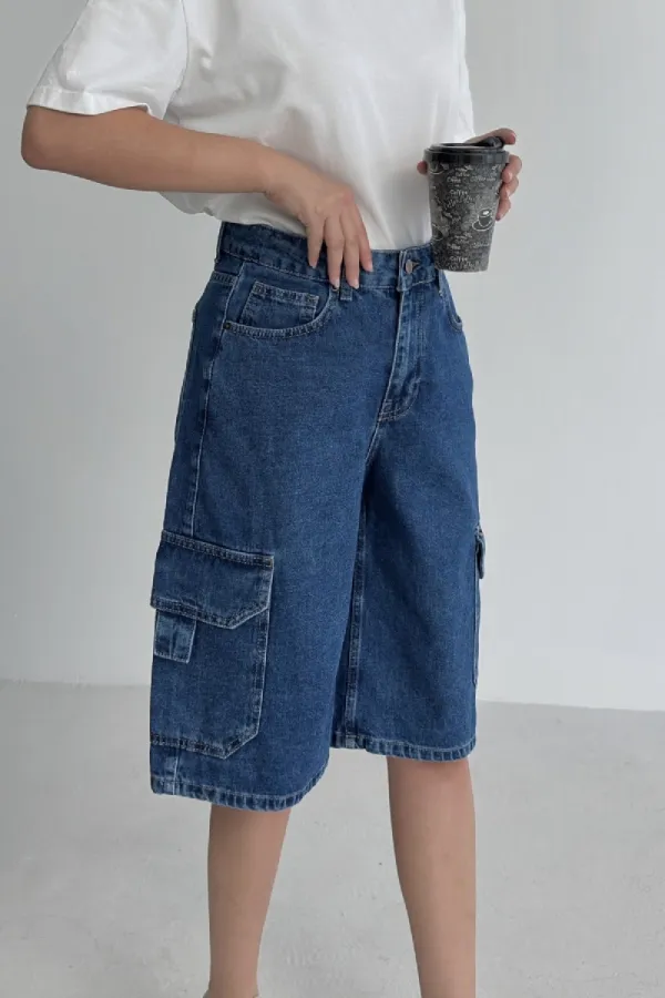 Mid Length Denim Shorts with Pocket Detail 2026-27-(36-42-6) Rinsed Blue