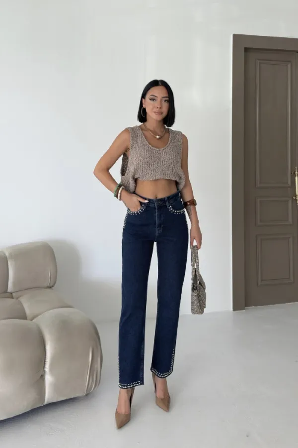 Taşlı Mom Fit Kot Pantolon 7023-26-(26-31)