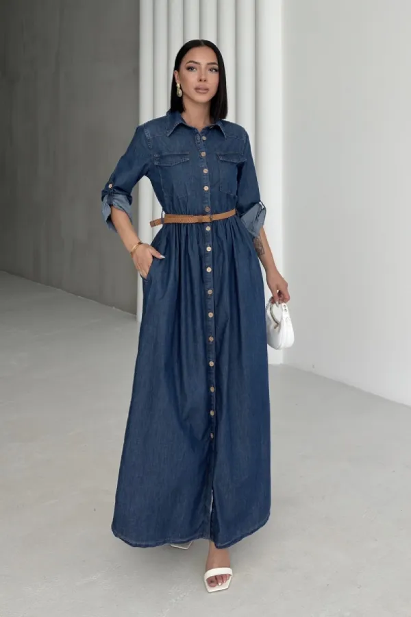 Düğmeli Uzun Kot Elbise 3041-26-(S-XL)