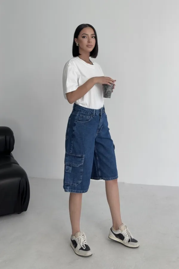 Mid Length Denim Shorts with Pocket Detail 2026-27-(36-42-6) Rinsed Blue