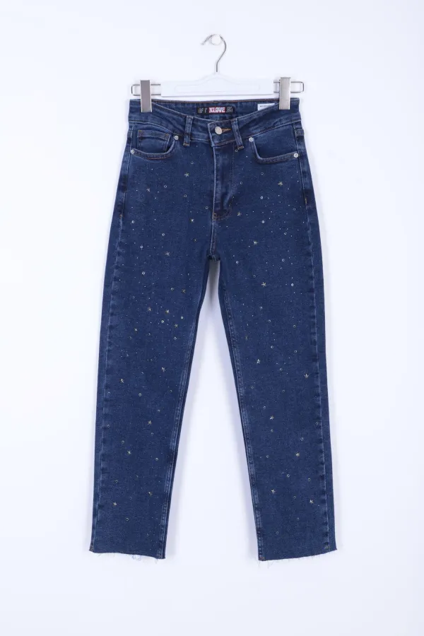 Yıldızlı Mom Fit Dikişsiz Paça Kot Pantolon  1753-26-(28-33)