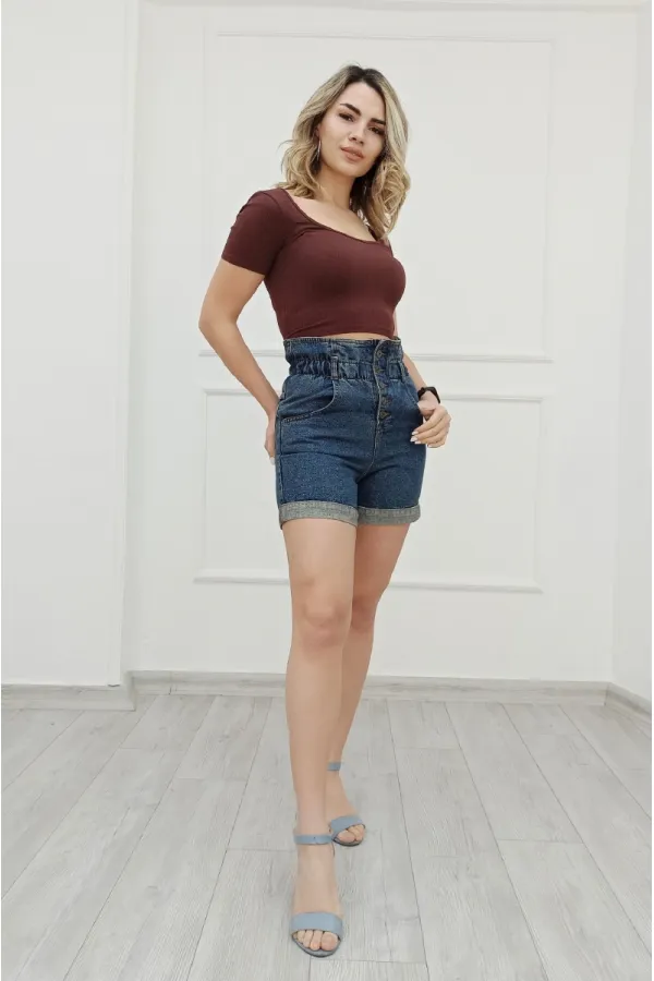 Elasticated Waist Denim Short with Five Buttons 218-62-(S-XL-6) Middle Blue - Tinted Elasticated Waist Denim Short with Five Buttons 218-62-(S-XL-6) Middle Blue - Tinted