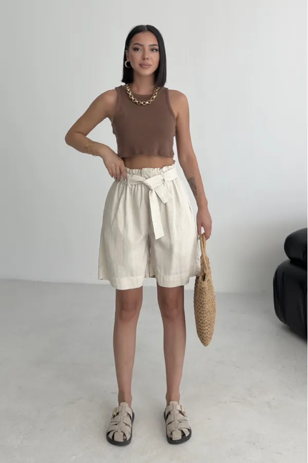 Linen Elasticated Waist Shorts HS201-65-(XS-L) Stone