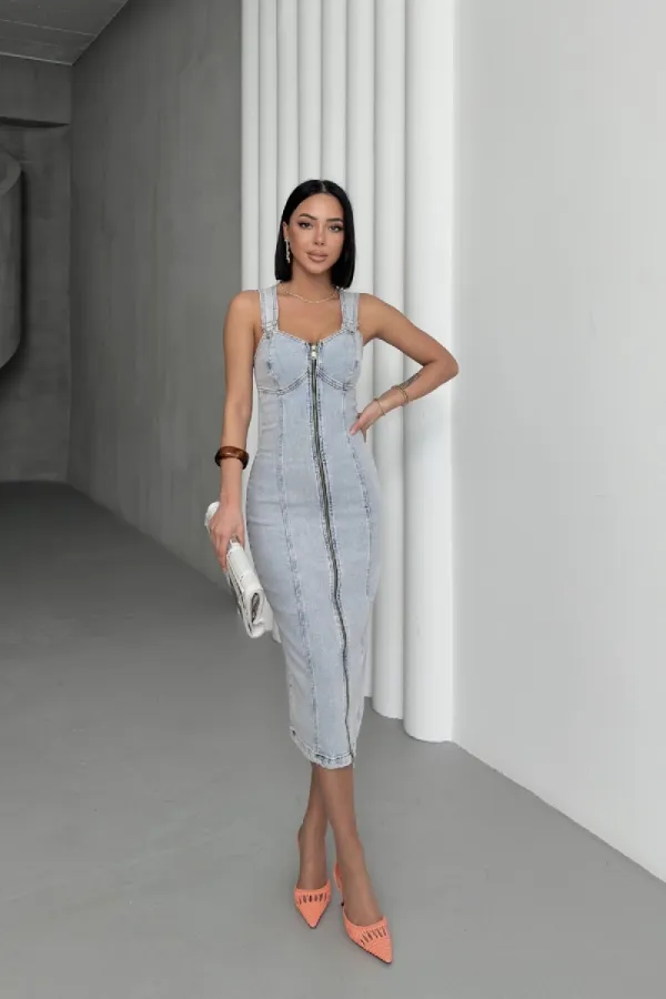 Adjustable Strap Denim Dress 3021-08-(S-XL)