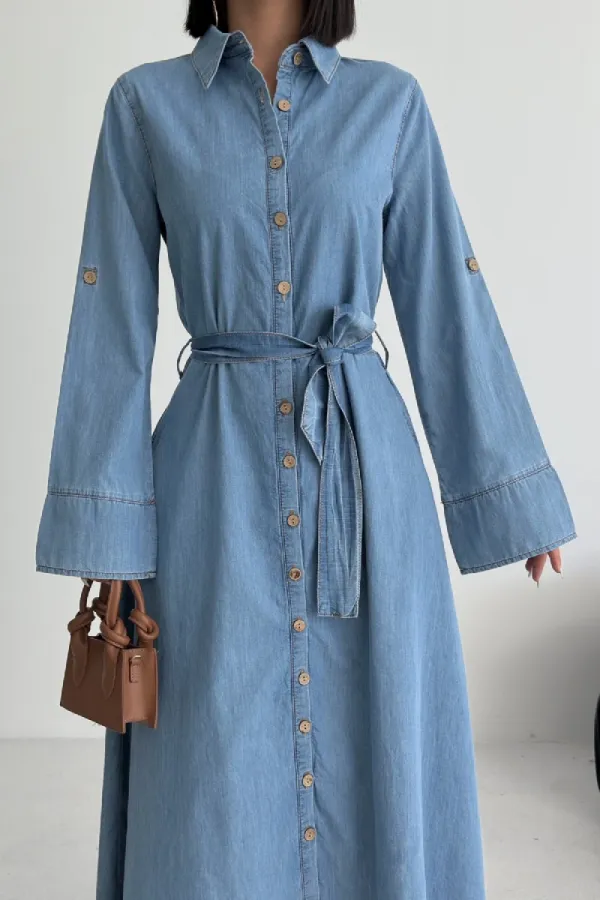 Düğmeli Uzun Boy Kot Elbise 3047-27-(S-XL)