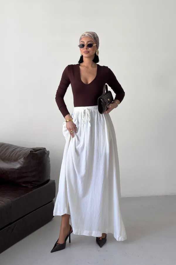 Elasticated Long Skirt HS131-51-(S-L-3) Cream White
