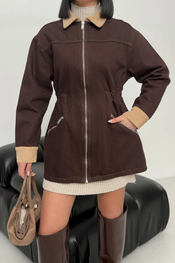 Velvet Piece Detailed Zippered Denim Jacket 6129-78-(S-XL) Brown