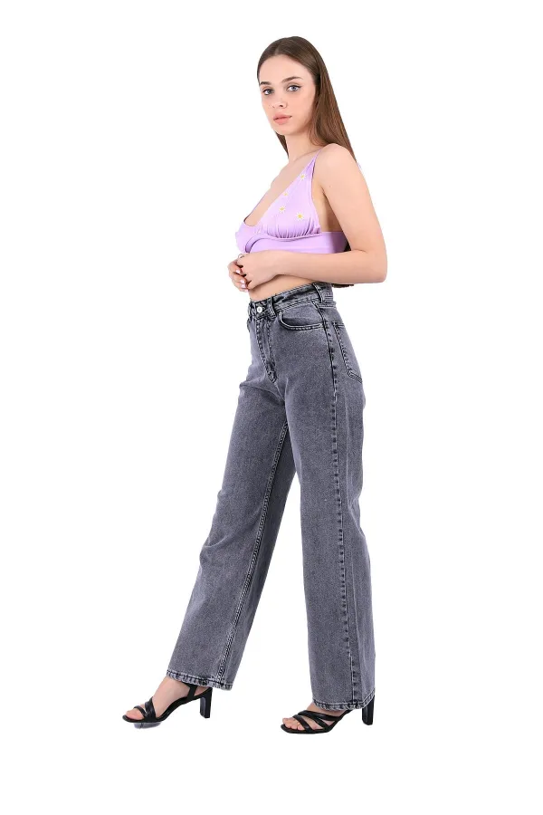 Wide Leg High Waisted Relaxed Jean  718-40-(28-33) Light Grey - Snow