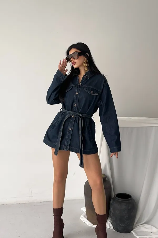 Belted Oversize Shirt 6250-19-(S-L-3) Dark Blue Intense Tinted