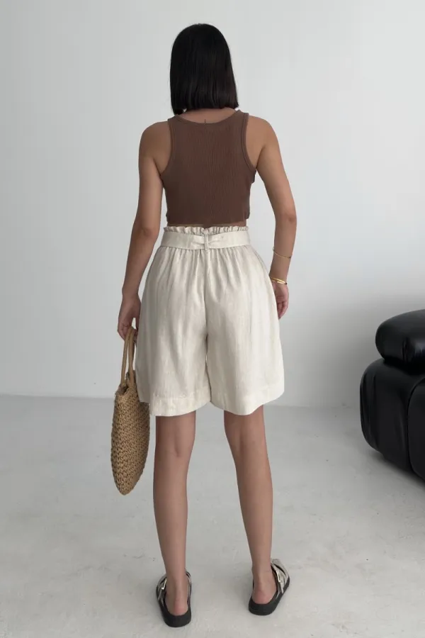 Linen Elasticated Waist Shorts HS201-65-(XS-L) Stone