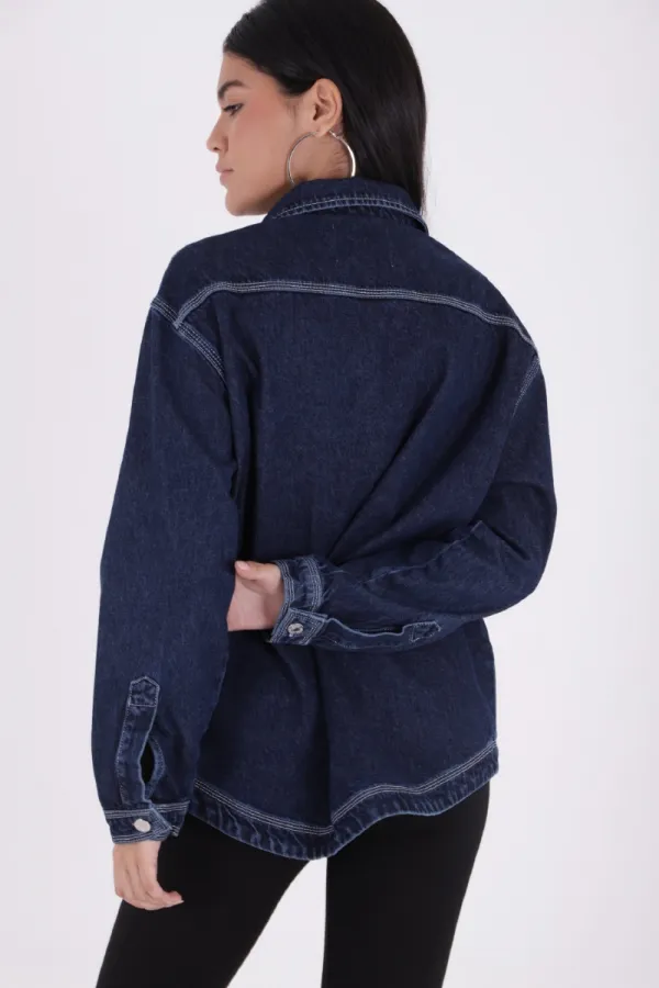 Oversize Denim Jacket with Octagonal Pocket and Stitching Detail 6069-17-(S+L+4) Slubbed Navy Blue Oversize Denim Jacket with Octagonal Pocket and Stitching Detail 6069-17-(S+L+4) Slubbed Navy Blue