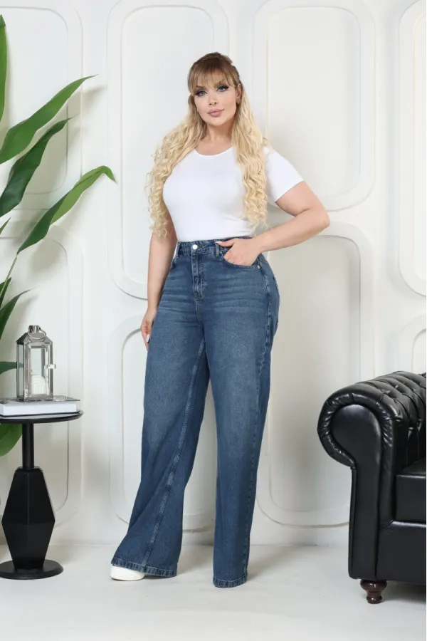 Wide Leg High Waisted Relaxed Jean  718-01-(32-36) Dark Blue Denim