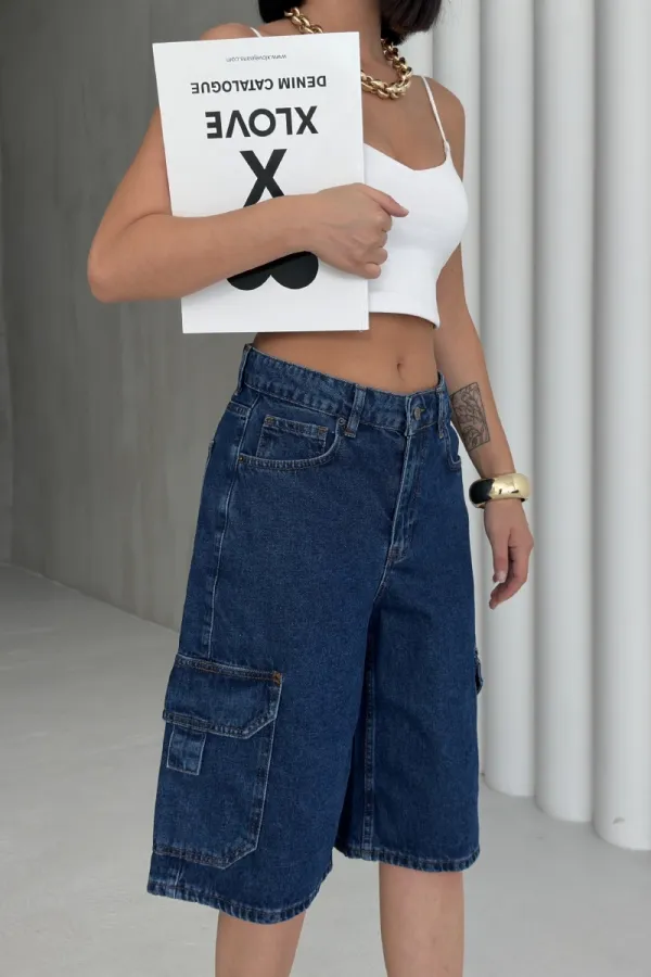 Mid Length Denim Shorts with Pocket Detail 2026-26-(36-42-6) Regular Dark Blue