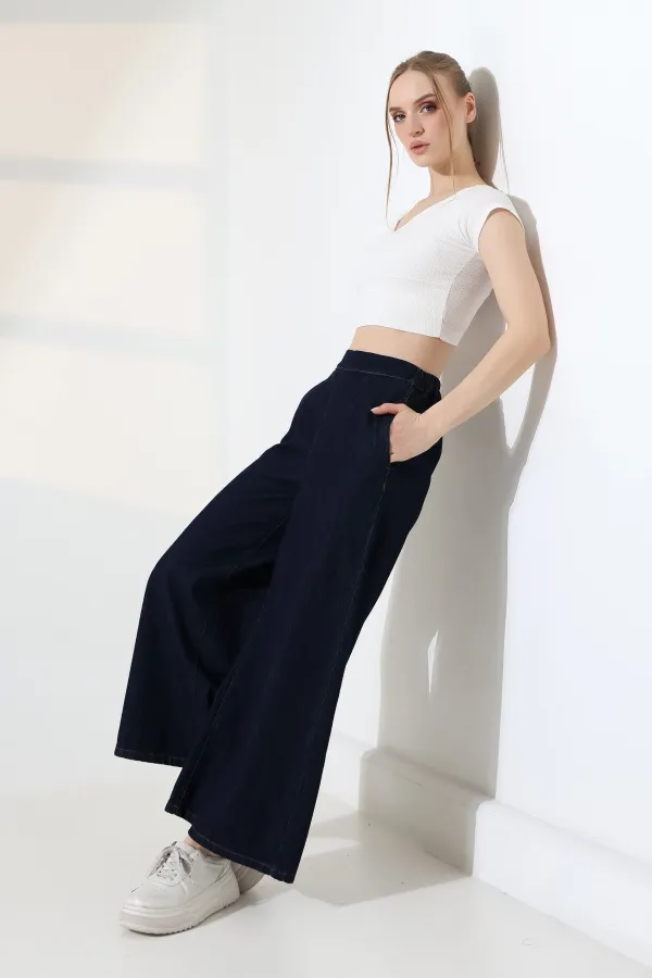 Elasticated Waist Wide Leg Jean  7120-17-(36-42-6) Slubbed Navy Blue