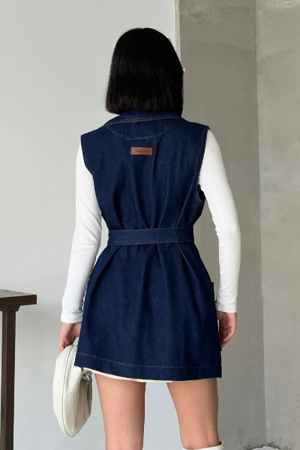 Belted and Cross Over Collar Denim Vest 6137-26-(S-XL) Regular Dark Blue
