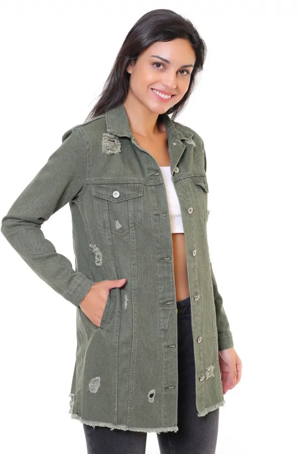 Fringe Finish Boyfriend Denim Jacket 679-67-(S-XL-6) Khaki Fringe Finish Boyfriend Denim Jacket 679-67-(S-XL-6) Khaki