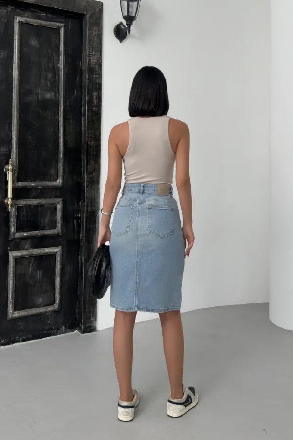 Classic Mid Length Denim Skirt  1039-15-(42-46) Light Blue Denim