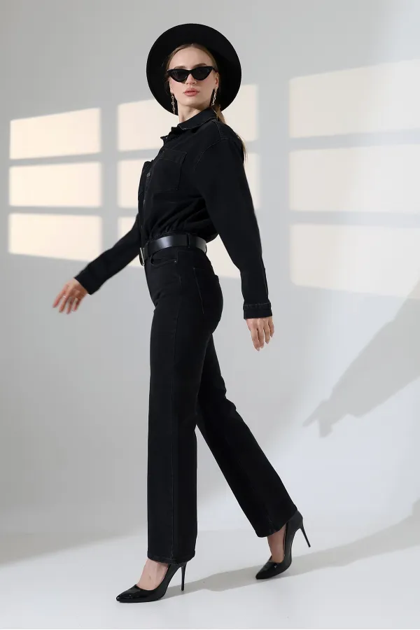 Buttoned Classic Long Denim Dress 3034-23-(S+L+3) Regular Anthracite Buttoned Classic Long Denim Dress 3034-23-(S+L+3) Regular Anthracite