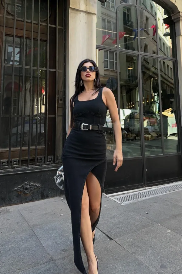 Asimetrik Detaylı Kot Elbise 3019-23-(S-XL)