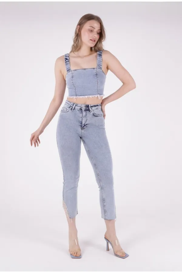 High Waisted Mom Jean with Rhinestones on Leg Hems Sides 1881-08-(28-33) Snow Light Blue High Waisted Mom Jean with Rhinestones on Leg Hems Sides 1881-08-(28-33) Snow Light Blue