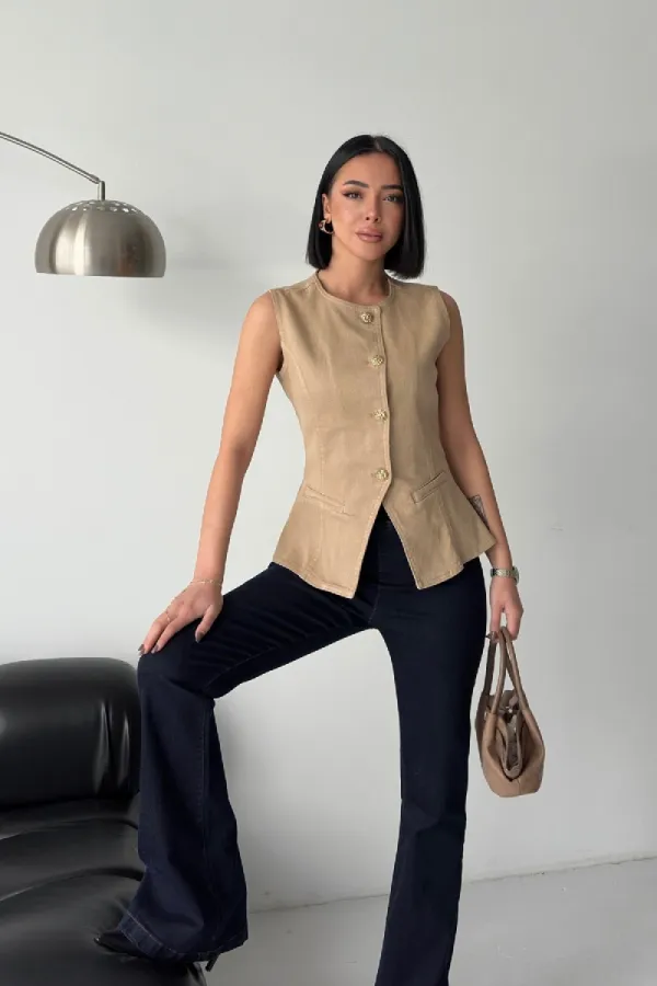 Denim Vest with Slit Front 6086-70-(S-XL) Camel