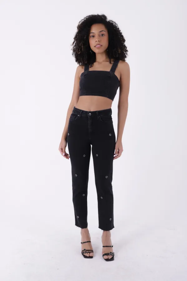 İncili Çiçek Desenli Mom Fit Kot Pantolon  7022-23-(26-31)