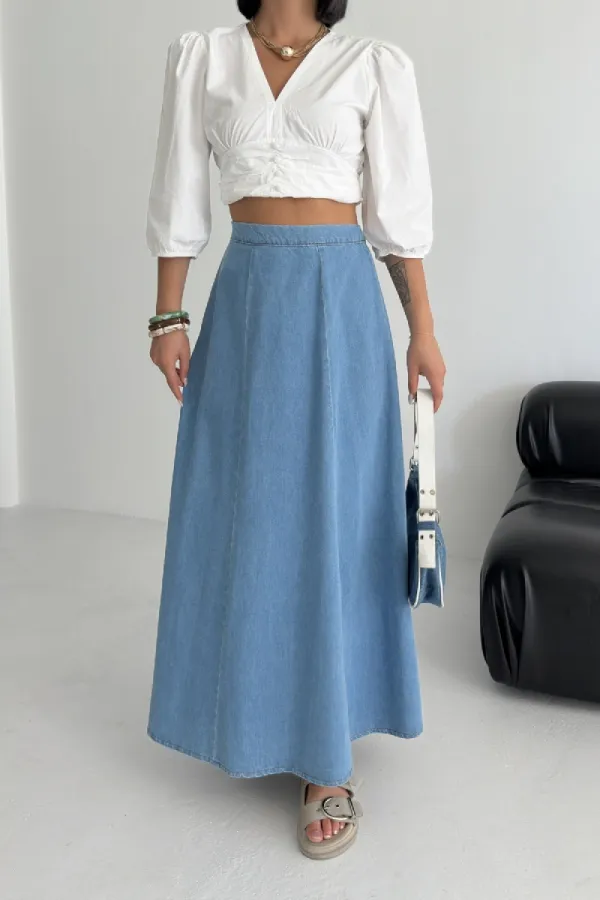 Ruffled Long Skirt with Elasticated Waist 1063-27-(36-44) Rinsed Blue
