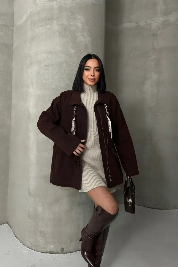 Denim Jacket with Waist Detail 6145-78-(S-L-3) Brown