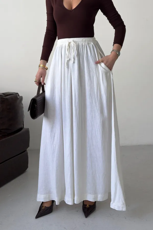 Elasticated Long Skirt HS131-51-(S-L-3) Cream White