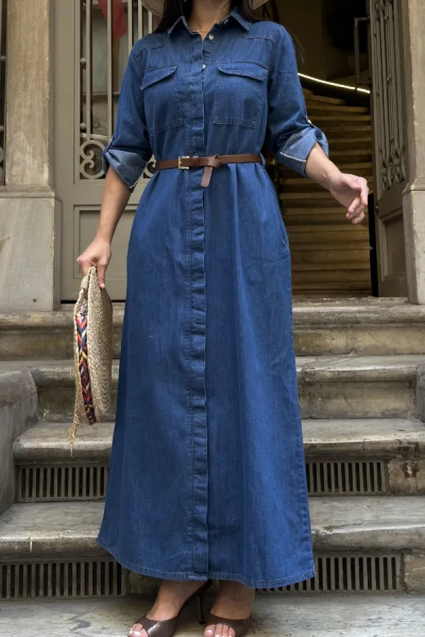 Düğmeli Uzun Elbise 3039-26-(S-XL) Düğmeli Uzun Elbise 3039-26-(S-XL)