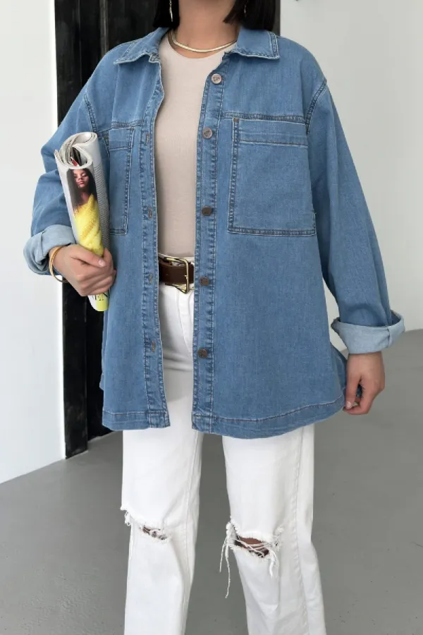 Denim Shirt with Pockets 6097-27-(S+L+3) Rinsed Blue