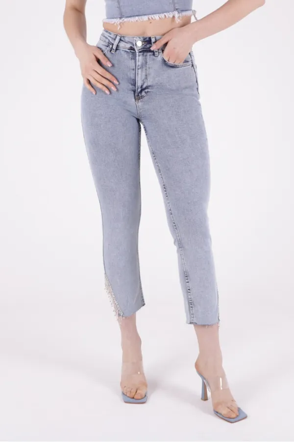 High Waisted Mom Jean with Rhinestones on Leg Hems Sides 1881-08-(26-31) Snow Light Blue High Waisted Mom Jean with Rhinestones on Leg Hems Sides 1881-08-(26-31) Snow Light Blue
